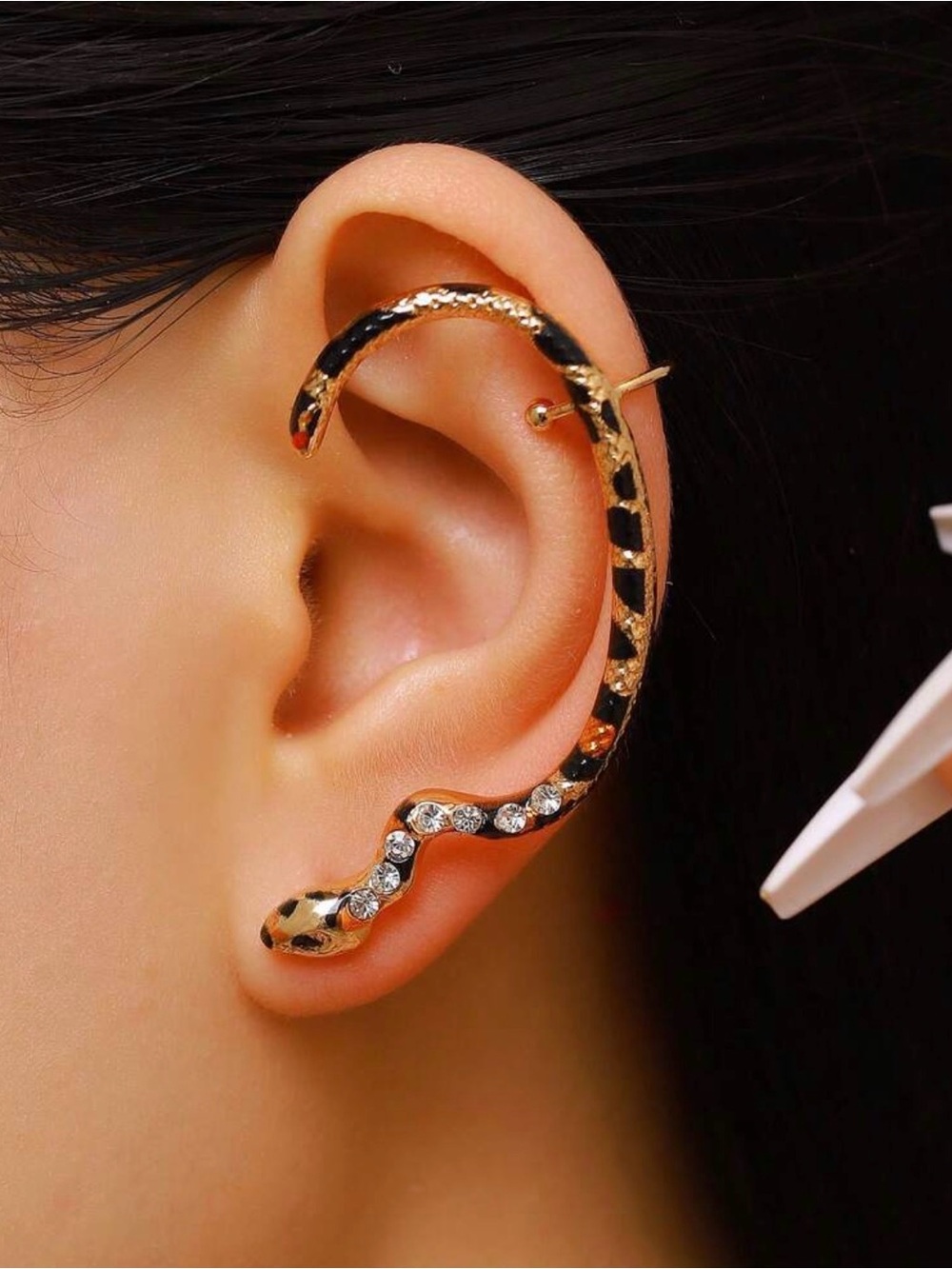Gold and Black Snake Ear Cuff with Crystal Accents - Women Jewelry